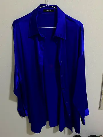 Beautiful bright royal blue silky long button up shirt great for summer colors Free size long sleeve