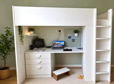 White Loft Bed with Built-in Desk, Drawers and Ladder - Good Condition