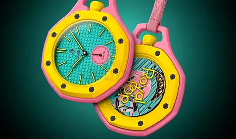 AP Pair of colorful playful wrist watches — vibrant pink, yellow and turquoise design