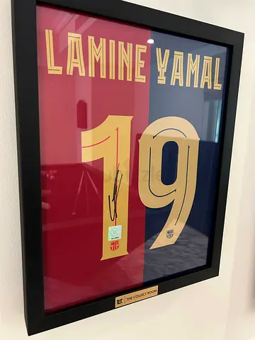 Framed (certified) Lamine Yamal #19 Signed Barcelona Shirt Panel - Shadow Box