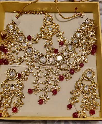Gold-tone Kundan Necklace Set with Red Beads - Bridal Style