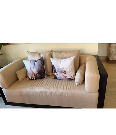 Modern Two and Three Seater Fabric Sofa. Wenge wood and raw silk