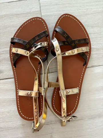 Louis Vuitton Brown/Gold Foil Leather and Monogram Coated Canvas Strappy Flat