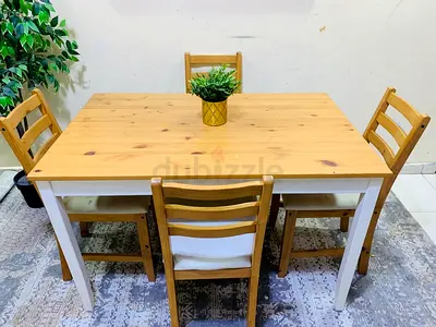 Wooden 4-Seater Dining Table with Chairs - Pine Top, White Legs free delivery all UAE