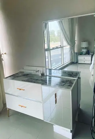 White Gloss Dresser with Marble Top and Large Mirror