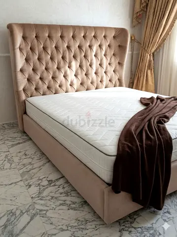 Upholstered tufted king bed frame with mattress - beige