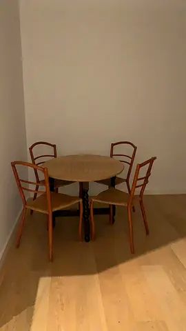 Danish vintage wooden round dining table with 4 chairs - compact set