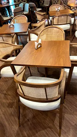 Set of Wooden Dining Tables with Rattan Backrest Chairs - Good Condition