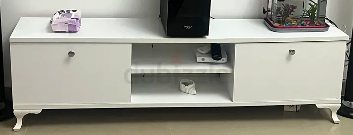 Modern White TV Stand with Storage Cabinets and Open Shelves
