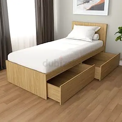 Single wooden bed with built-in under-bed drawers - light oak