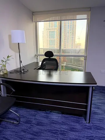 Executive L-shaped Office Desk with Guest Chair and Lamp - Dark Wood