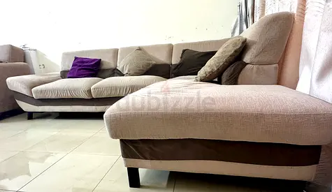 Beige L-shaped fabric corner Sofa - With Removable Head rest and Back support