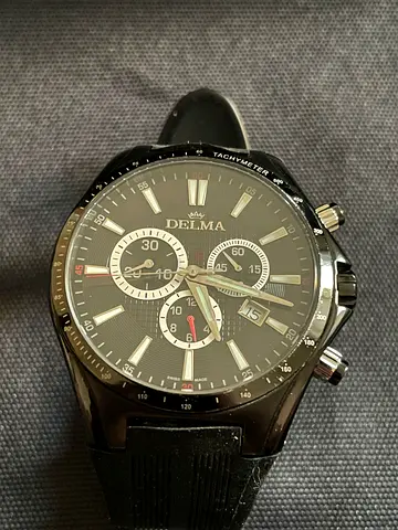 Delma mens chronograph watch - black dial, rubber strap, working condition