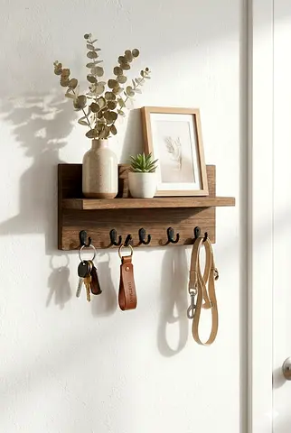 Wall-mounted Wooden Shelf with 6 Hooks — Entryway Organizer