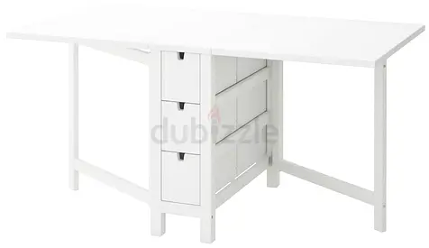 White Extendable Dining Table with Built-in Drawers (Foldable Sides)