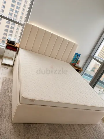 Bed new Beige Upholstered King Bed with Mattress - Modern Panel Headboard