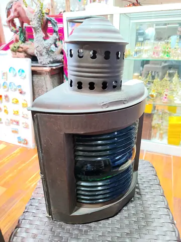 Vintage Brass/Metal Ship Lantern with Blue Fresnel Lens - 34cm tall