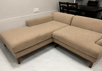 Used L-shaped brown fabric sofabed - compact corner loveseat