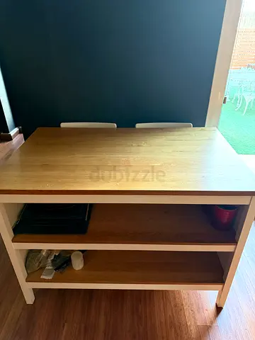 Solid wood top kitchen island/cart with storage (white base, oak top) with 2 chairs