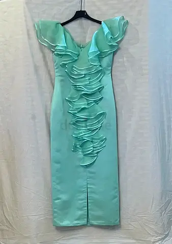 Aqua green ruffle maxi dress - fitted evening dress