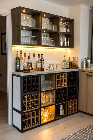 Custom built-in wine cabinet and display shelving with LED lighting