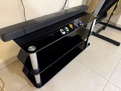 Black Glass TV Stand with 3 Shelves and Metal Pillars