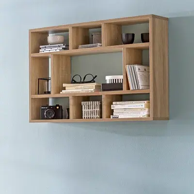 Wall-mounted wooden shelving unit / display shelf - oak finish