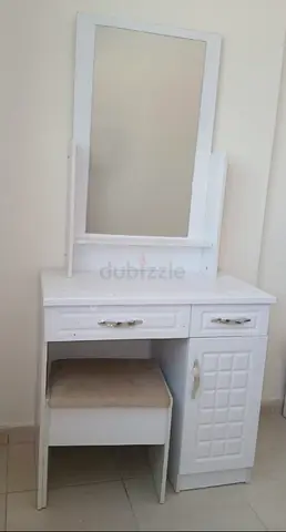 White Wooden Dressing Table with Mirror, Stool and Storage
