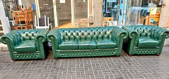Green Leather Chesterfield 3-seater Sofa with 2 Armchairs