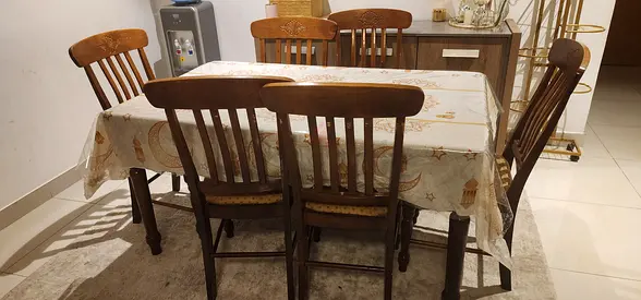 Solid Wood 6-Seater Dining Table with Chairs - Good Condition