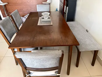 Wooden Dining Table Set with 4 Chairs and Bench - Good Condition