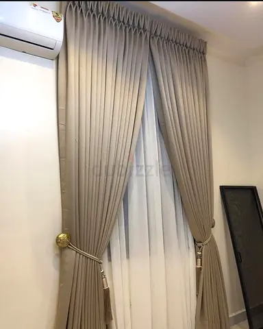 Beige pleated blackout curtains with sheer liners - set of 2 panels