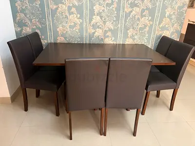 Dark Wood Dining Table with 6 Upholstered Chairs - Good Condition