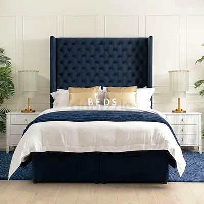 Queen upholstered bed with tufted wingback headboard - navy