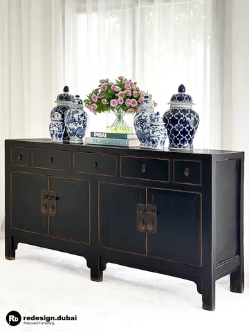 VINTAGE CHINESE MING BLACK SIDEBOARD or console table or accent display or buffet or credenza