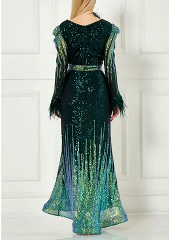 Green Sequined Long Evening Gown with Feathered Cuffs, Size small