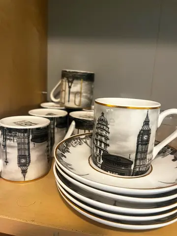 Travel Themed Coffee Mugs and Saucers Set