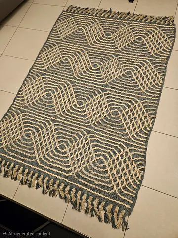 Handwoven Grey  Cream Geometric Rug with Fringe — Good Condition