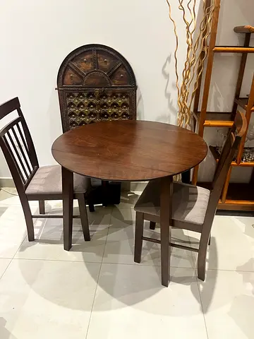 Solid Wood Round Dining Table with 2 Chairs - Dark Brown