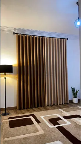 Pair of Heavy Beige-Brown Blackout Curtains with Rod
