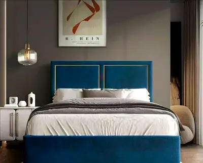 Brand New Blue Upholstered Queen Bed with Headboard and Footboard