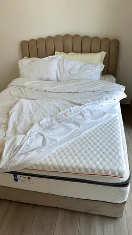 Queen Size Beige Velvet Bed with Mattress and Dormeo Topper