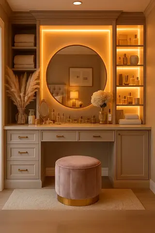 Built-in Vanity Dressing Table with Lighted Mirror and Storage