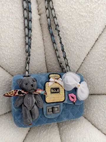Denim Quilted Shoulder Bag with Chain Strap and Charms - Light Blue