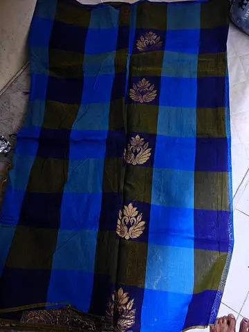 Title: Elegant Blue  Green Checked Saree with Golden Border
