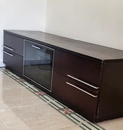 Modern TV Entertainment Unit - Dark Wood, Glass Door Storage and 4 Drawers