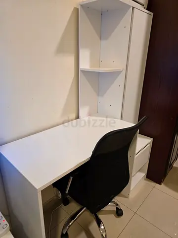 White Desk with Shelving and Black Mesh Chair