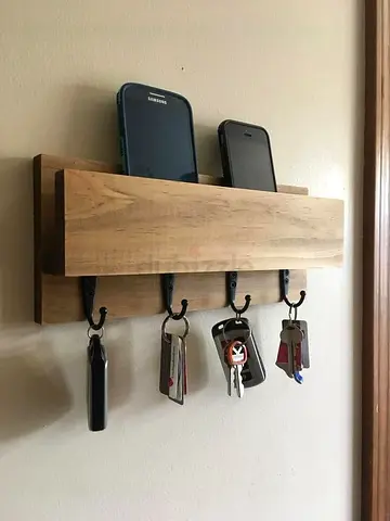 Handmade Wooden Wall Key Holder with Phone Shelf