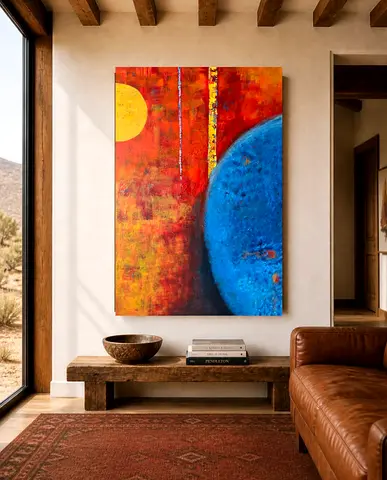 Original Abstract Wall Painting - Bold Blue Orb on Textured Red Background