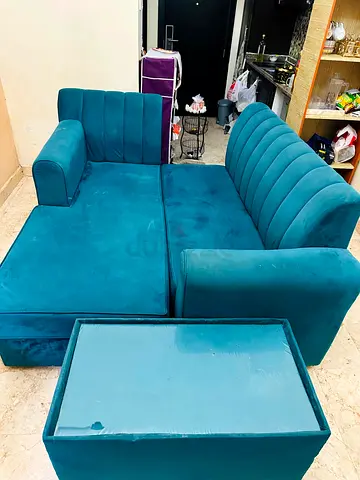 L-Shape Velvet Sofa with Ottoman | Good Condition | AED 150 Only